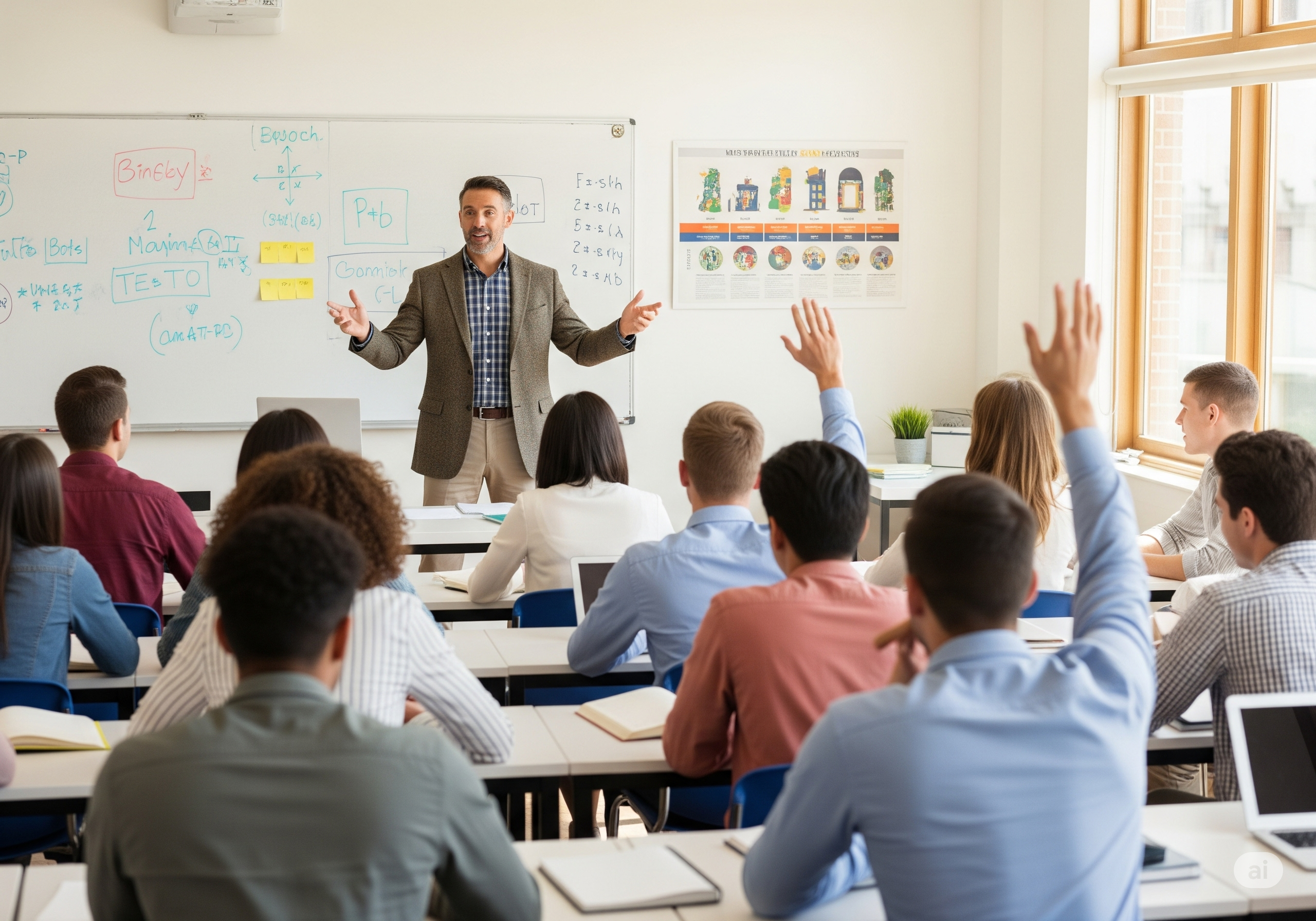 A teacher in a classroom with students raising hands