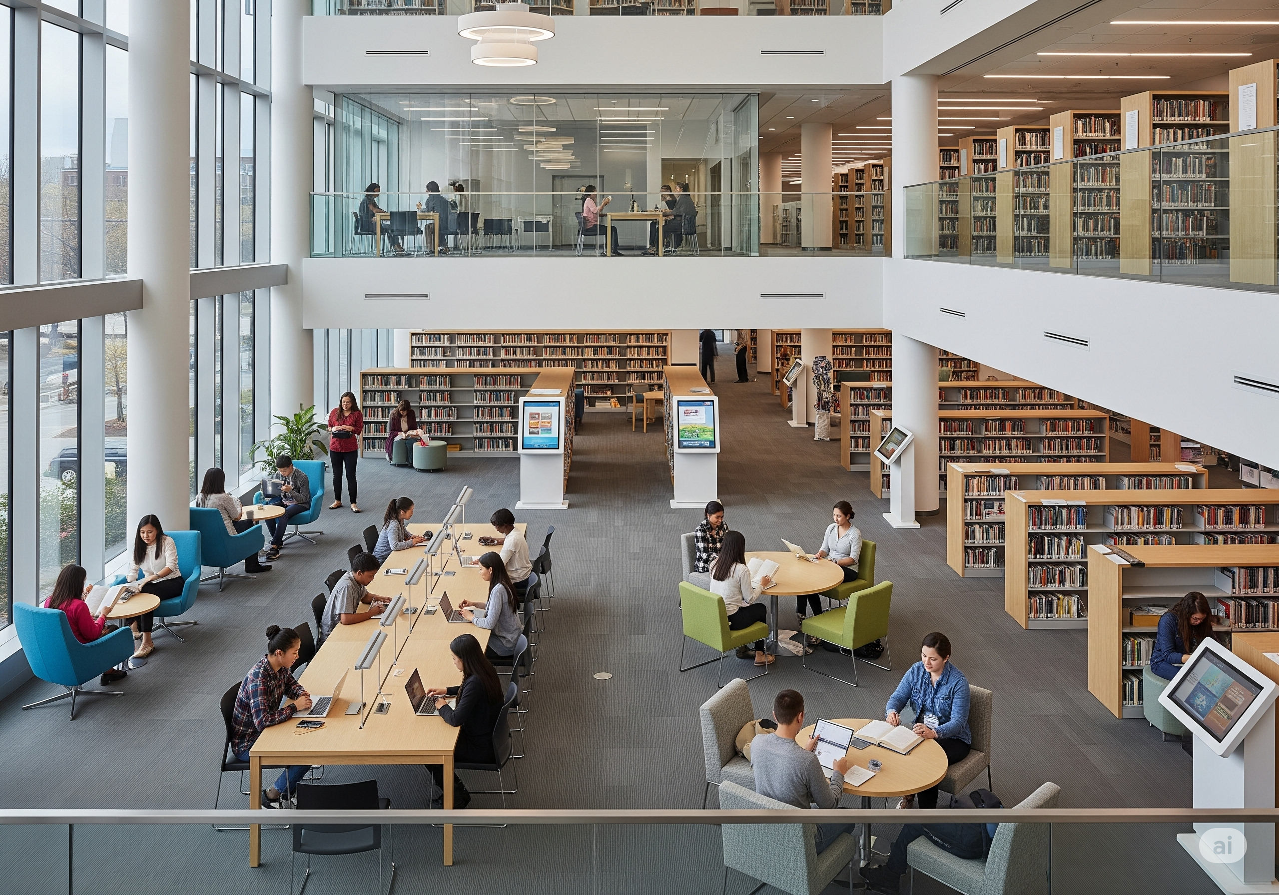 A large, modern university library full of students
