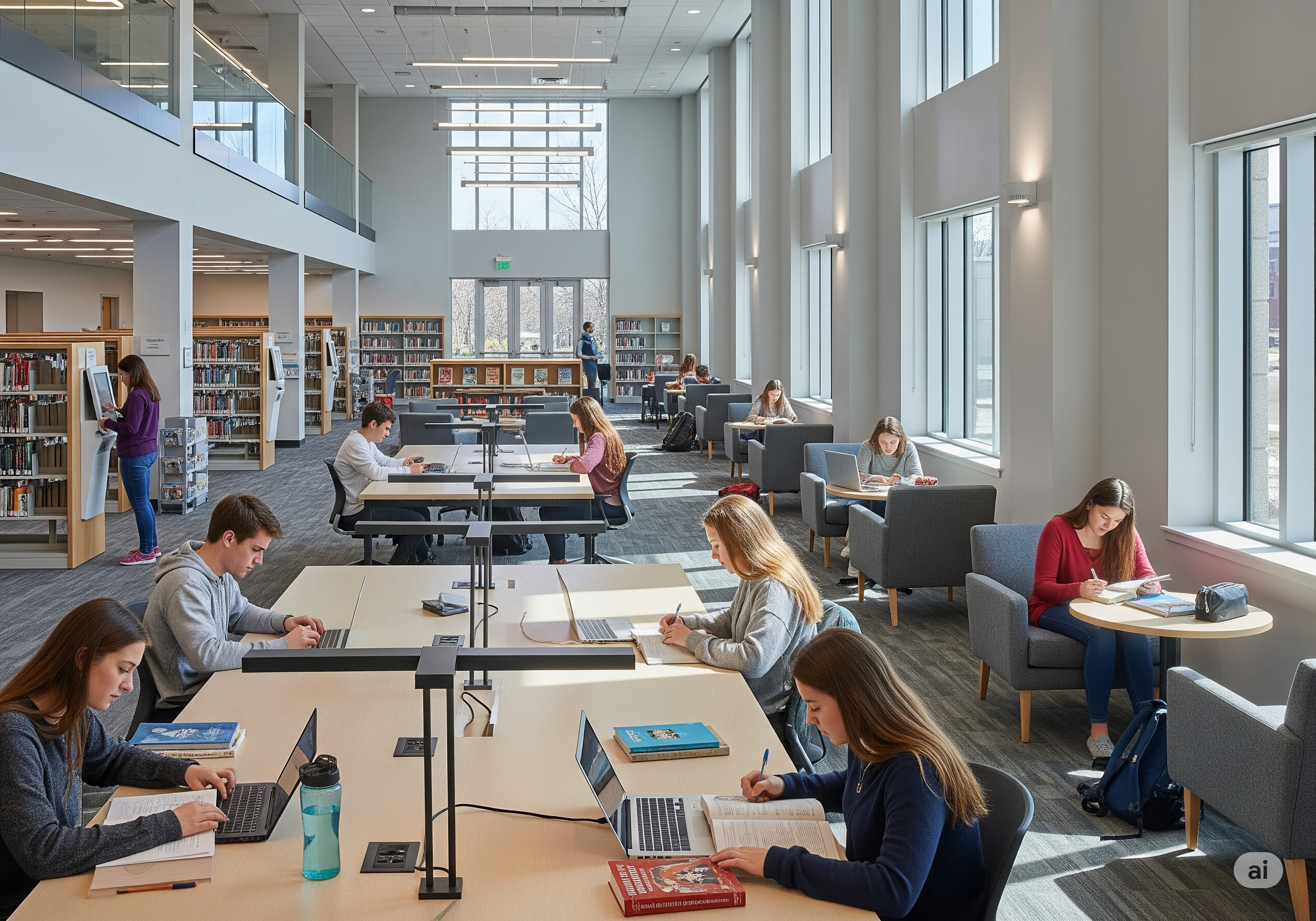 Students studying diligently in a bright, modern library