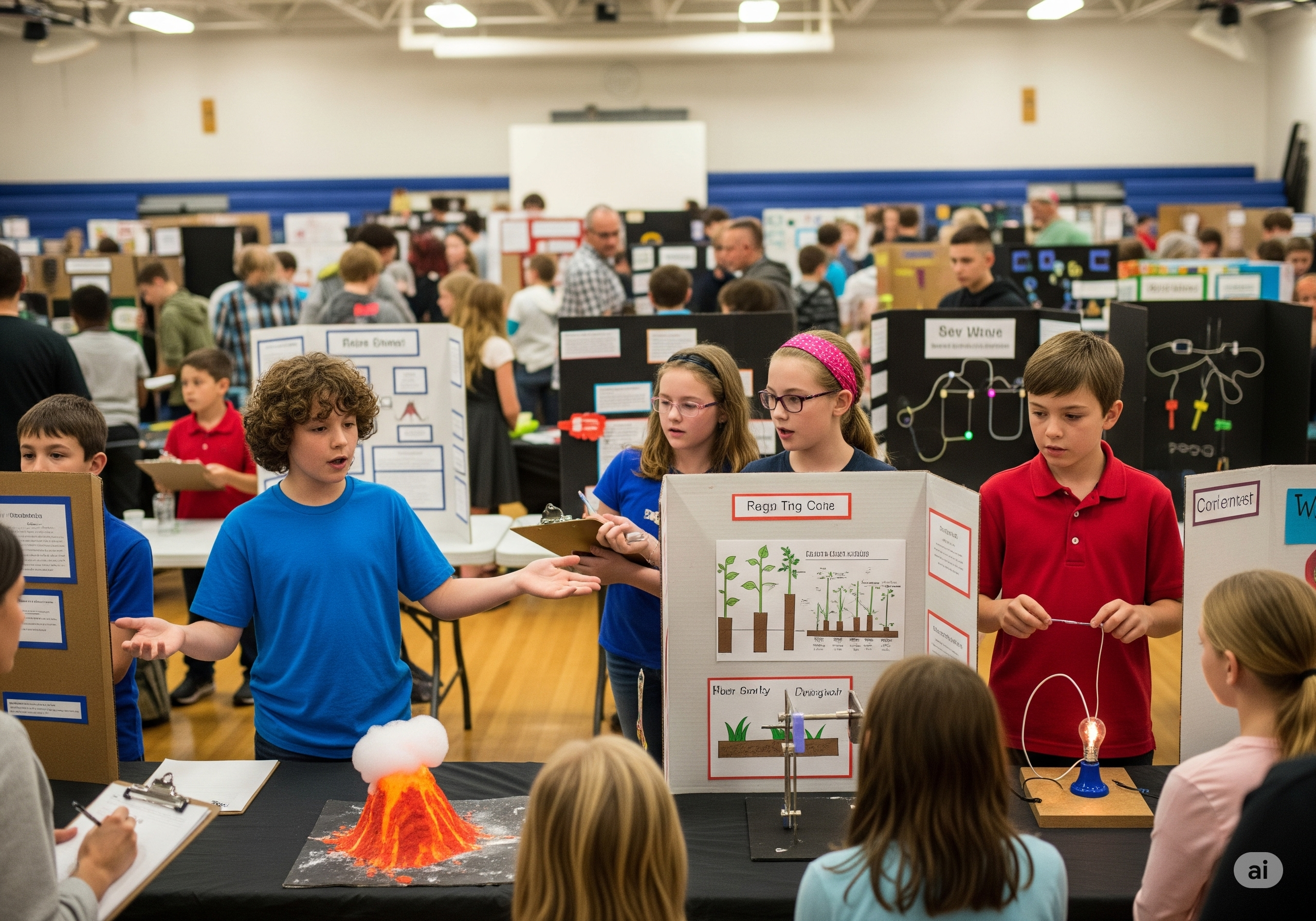 Students presenting a volcano project at a science fair